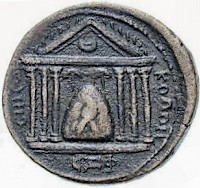 The baetyl of Elagabal on a coin from Emesa. An eagle protects the stone with its wings.