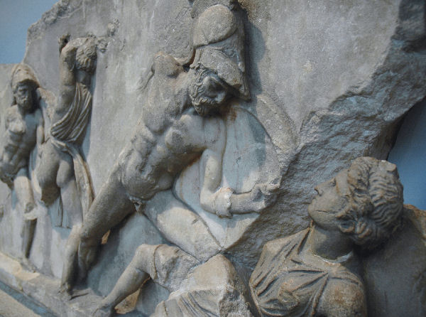 Halicarnassus, Mausoleum, Relief of an amazonomachy: Achilles kills Penthesileia