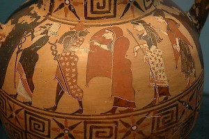 Judgment of Paris; f.l.t.r. Hermes, Iris, Hera, Athena, Aphrodite. Etruscan amphora, c.530 BCE. Antikensammlung, München (Germany)