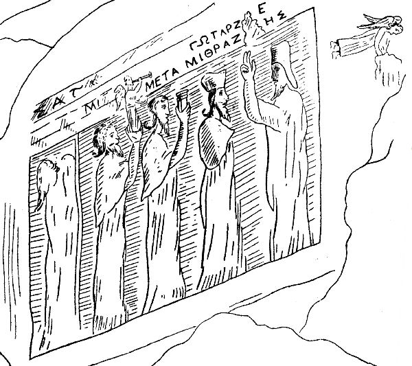 Behistun, Parthian relief of Mithradates II, drawing