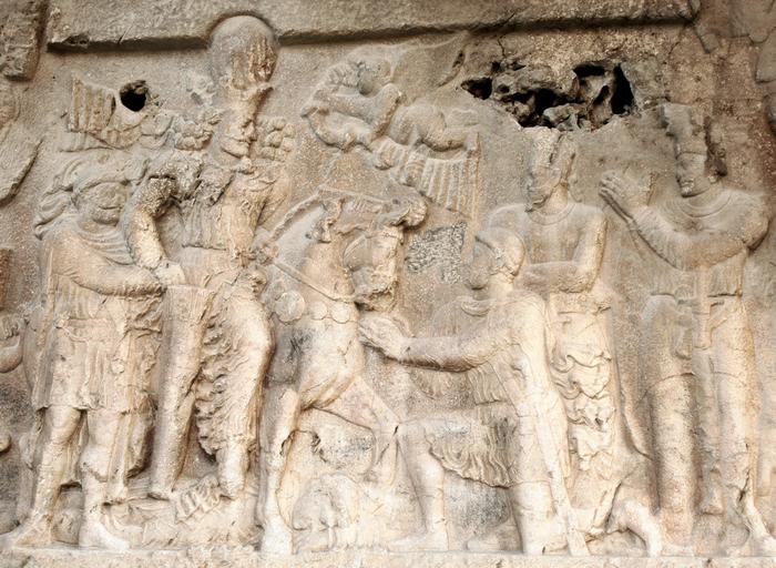 Bishapur, Relief 2, Central scene: Shapur, Gordian, Philip, Valerian, courtiers