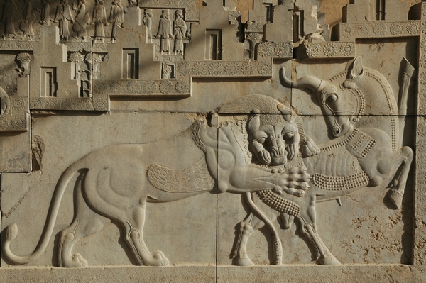 Persepolis, Tripylon, Northern staircase, Relief of bull and lion