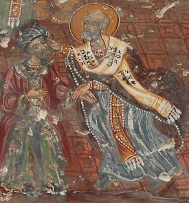 Nicholas strikes his opponent. Fresco from the Soumela Monastery (Turkey)