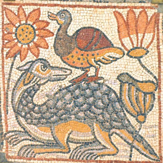 Qasr Libya, mosaic 1.04.e (Crocodile, duck, and lotuses)
