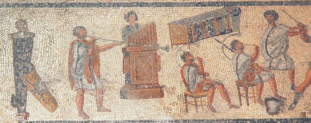 Villa of Dar Buc Ammera, gladiator mosaic, Musicians