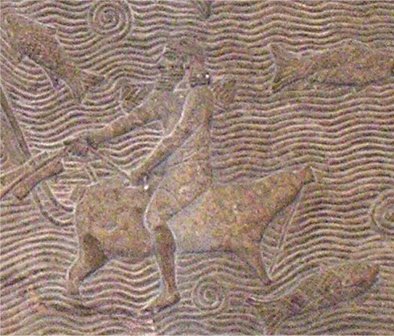 Crossing a river on a raft made of animal skins. Assyrian relief from Nineveh.