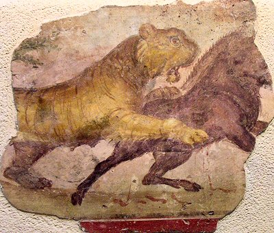 Augusta Emerita, Theater, Wall painting of a lion and an onager