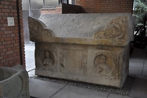 Sarcophagus of a couple; the woman is depicted with a dove, which may signify that she was a Christian
