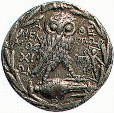 Athens, Coin with owl and the statue of the Tyrannicides