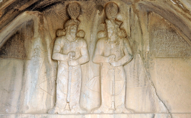 Taq-e Bostan, Small cave, Relief of Shapur II (r) and Shapur III or Ardashir III with inscriptions
