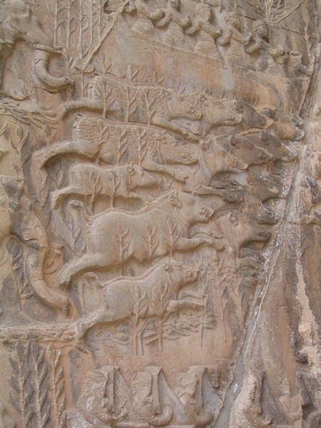 Taq-e Bostan, Large cave, Hunting scene: Boars