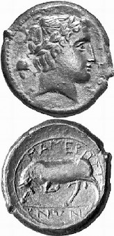 Mamertine coin, showing the war god and a bull