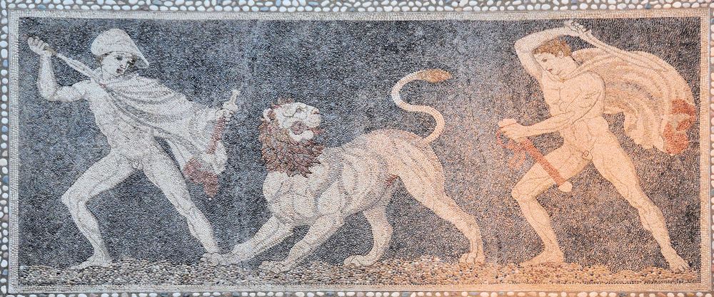 Pella, House of the Lion Hunt Mosaic, Mosai of Craterus and Alexander during a lion hunt
