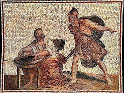 An absent-minded Archimedes being by a Roman soldier