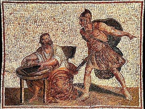 An absent-minded Archimedes being by a Roman soldier