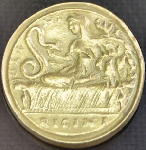 Roman contorniate, showing Olympias and her snakes