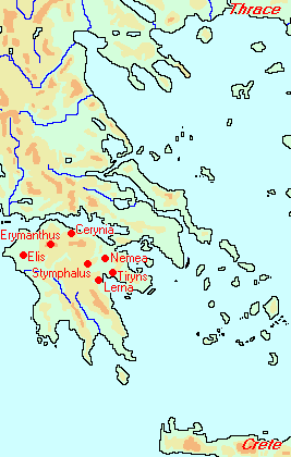 Map of Heracles' first labors