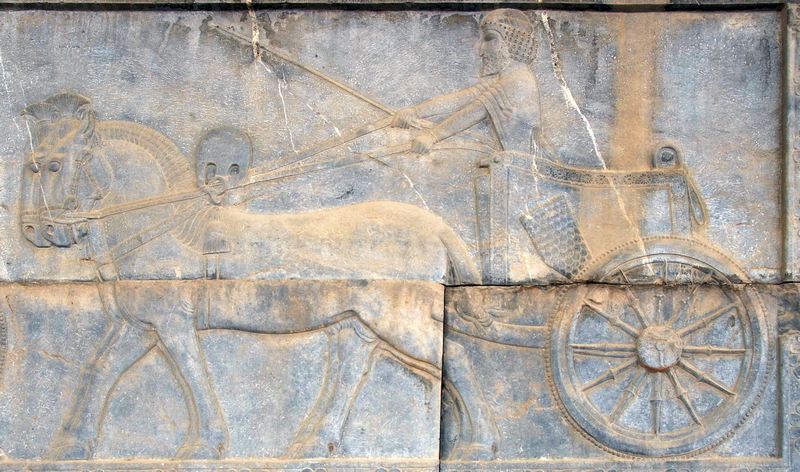 Persepolis, Apadana, East Stairs, Northern part, Chariot drawn by Nesaean horses
