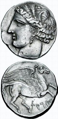Carthaginian coin from the First Punic War: the Carthaginian goddess Tanit and the Greek mythological creature Pegasus