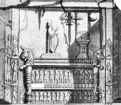 Persepolis, Tomb of Artaxerxes II Mnemon, Upper register (Drawing by Cornelis de Bruijn)