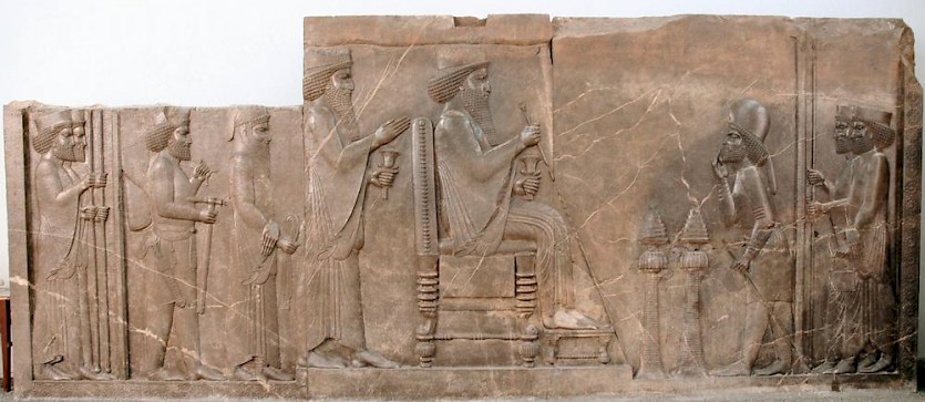Central Relief of the North Stairs of the Apadana, Persepolis, now in the Archaeological Museum in Tehran (Iran).