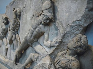 Achilles kills Penthesileia: a scene from the Aethiopis, shown on the Mausoleum of Halicarnassus. British Museum, London (Britain)