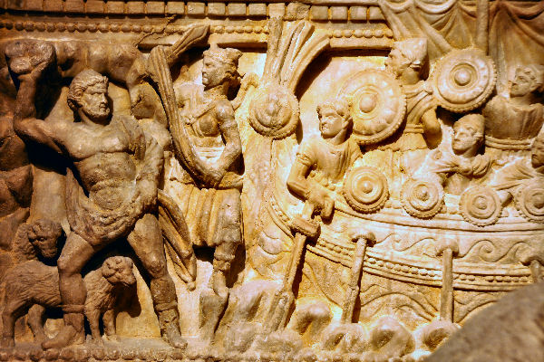 Relief of Polyphemus throws a rock to Odysseus' ship