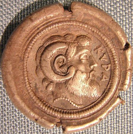 Coin from Cyrene, showing Zeus-Ammon