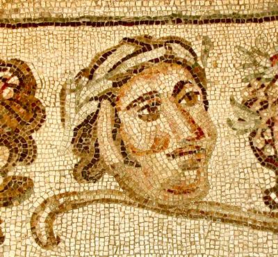 Bishapur, Palace, Mosaic of a Dionysiac head