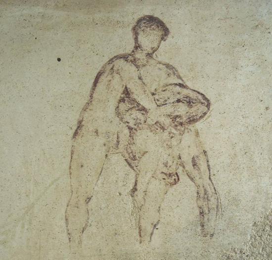 Villa Selene, Baths, Room 22, painting of two wrestlers