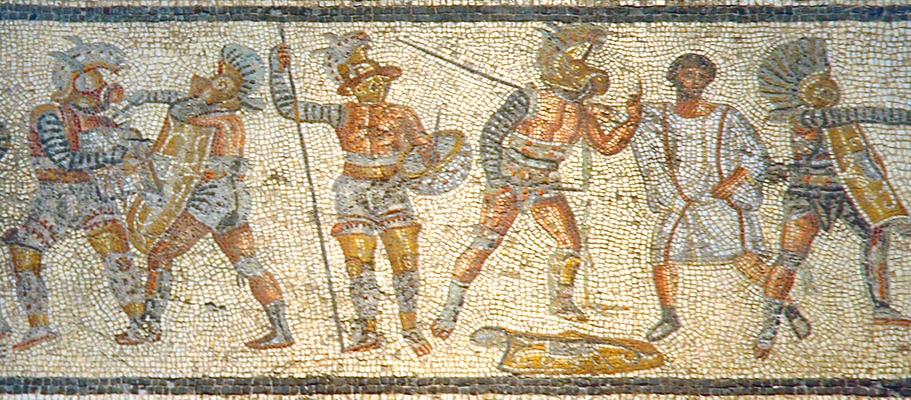 Villa of Dar Buc Ammera, gladiator mosaic, Intervention by a referee