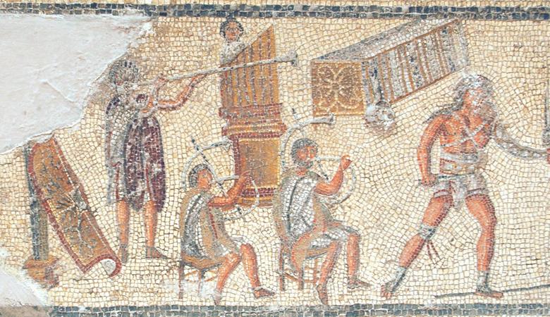 Villa of Dar Buc Ammera, gladiator mosaic, An organ player and trumpetters