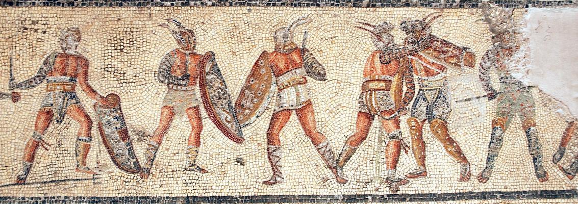 Villa of Dar Buc Ammera, gladiator mosaic, Pairs of gladiators