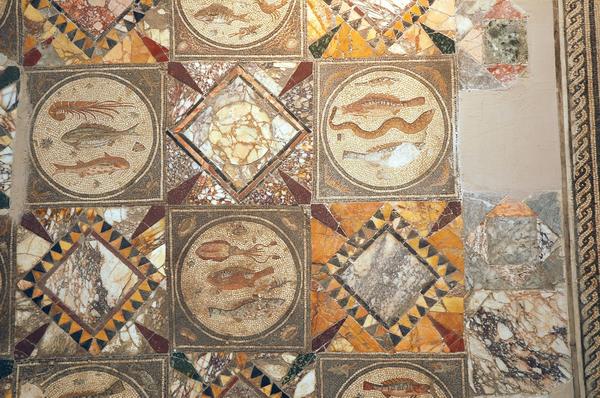 Villa of Dar Buc Ammera, gladiator mosaic, Fish