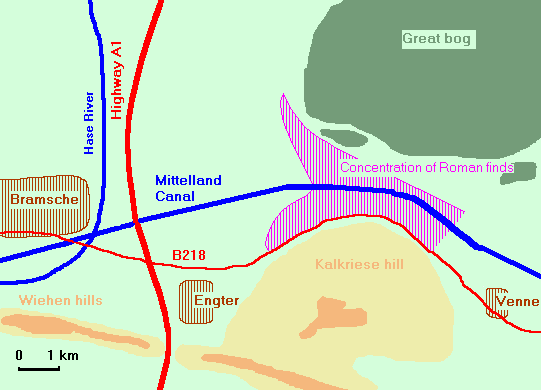 Map of Kalkriese, concentration of Roman finds