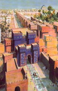 A royal procession. Water color by W. Anger. In front: the Procession Street; center: the Ištar Gate; on the horizon: the Etemenanki.