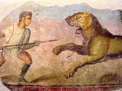 Augusta Emerita, Theater, Wall painting of a lion hunt
