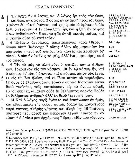 Apparatus criticus of the prologue of the Gospel of John. From Nestle-Aland, Novum Testamentum Graece et Latine, 27th edition (2001).