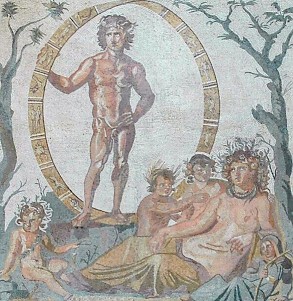 Aion ("eternity") on a mosaic from Sentinum. The hoop is decorated with the signs of the Zodiac. The woman is Fertility, together with her four children: Spring, Summer, Autumn, and winter.