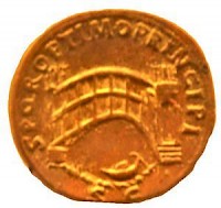 Coin with Trajan's bridge across the Danube