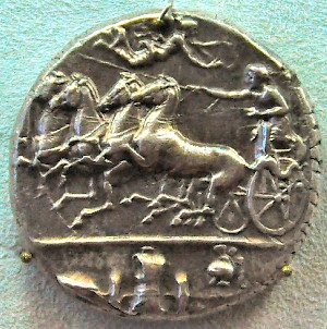 Syracusan coin, showing a chariot with maritime symbols, commemorating the naval victory