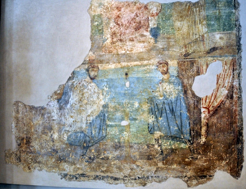 Thessaloniki, Agora, Wall painting with Sts Cosmas and Damianus