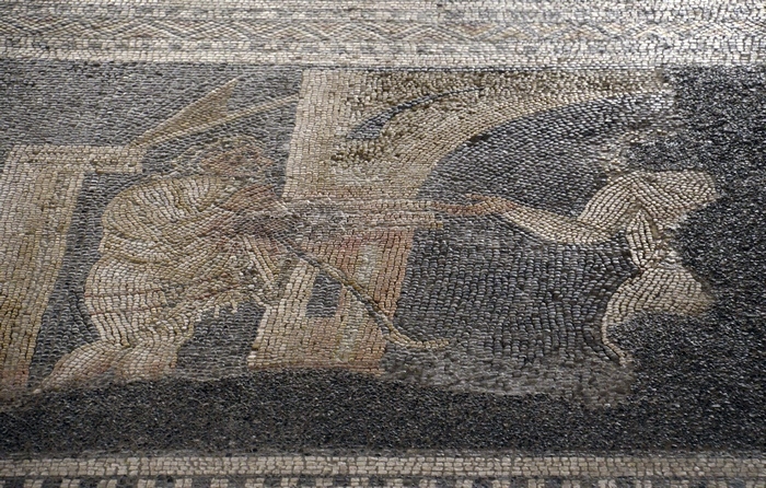 Andesina, so-called Basilica, Mosaic of a scene from a comedy