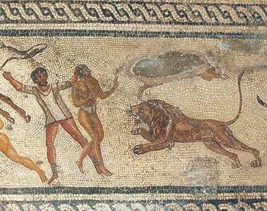 Villa of Dar Buc Ammera, gladiator mosaic, Execution of Garamantes in the Amphitheater of Lepcis