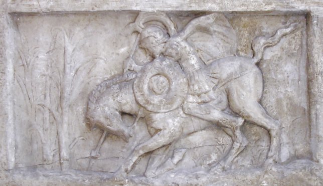 Rome, Forum Romanum, Lacus Curtius, Relief of Curtius' self-sacrifice